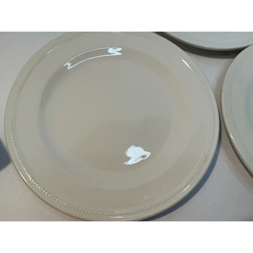 Lands End Set of 3 Salad Plates Cream Beaded Rim Stoneware 8.25 Inch Classic